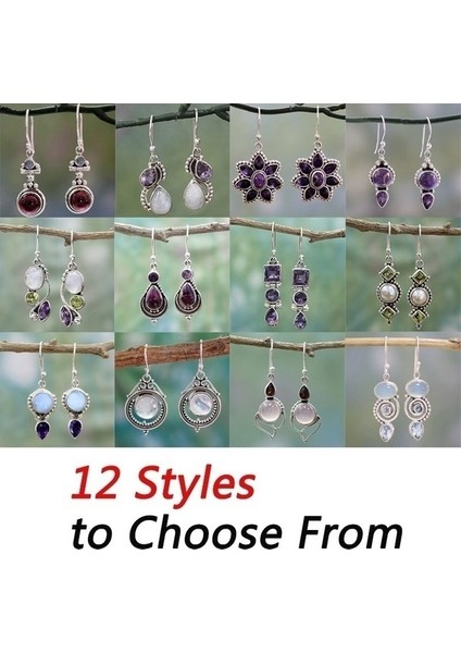 No.8 Boyut Kadınlar Için Vintage Gümüş Küpe Gökkuşağı Ay Taşı Küpe Ametist&peridot&inci Asılı Küpeler Düğün Gelin Takı Hediye (Yurt Dışından)