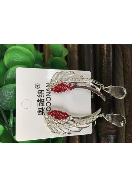 Kırmızı Stil 925 Gümüş Melek Kanatlı Kristal Küpe Kadınlar Için Düşme Küpe Ear Stud Uzun Manşet Küpe ER623 (Yurt Dışından)