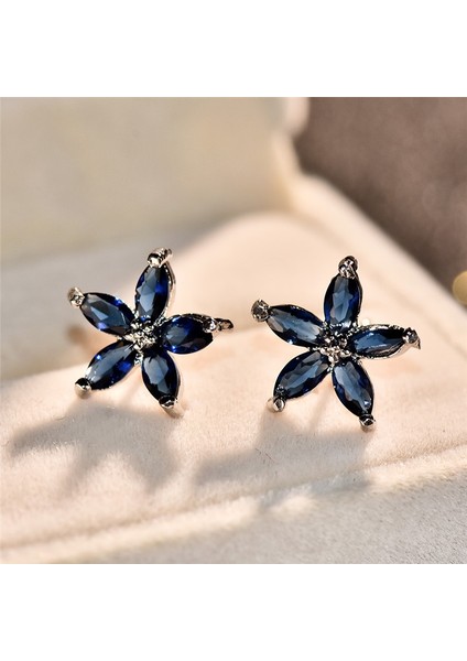 Mavi Stil Gümüş Beş Köşeli Mavi Safir Taşlı Yıldız Küpe - Düğün Parti Takı Hediye (Yurt Dışından) indirimleri