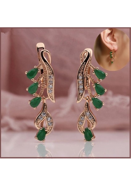 Siyah Stil 585 Rose Altın Çok Renkli Su Damlası Doğal Zirkon Düğün Parti Ince Takı Kadın Uzun Sarkan Küpe Moda Takı Güzel Hediye (Yurt Dışından)