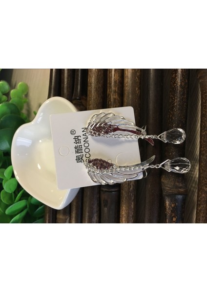 Mor Tarzı 925 Gümüş Melek Kanatlı Kristal Küpe Kadınlar Için Düşme Küpe Ear Stud Uzun Manşet Küpe ER623 (Yurt Dışından)