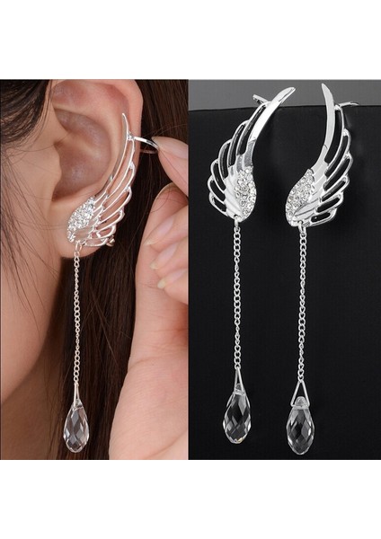 Mor Tarzı 925 Gümüş Melek Kanatlı Kristal Küpe Kadınlar Için Düşme Küpe Ear Stud Uzun Manşet Küpe ER623 (Yurt Dışından) indirimleri