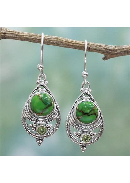 Yeşil Stil Antika Gümüş Doğal Turkuaz Küpe Vintage Kadın Nişan Düğün Parti Kolye Küpe (Yurt Dışından)