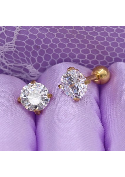 Gül Altın Tarzı 4 mm Almil Yıldız Kesim Kübik Zirkonya Küpe - Vidalı Arkalarıyla Paslanmaz Çelik (Yurt Dışından)