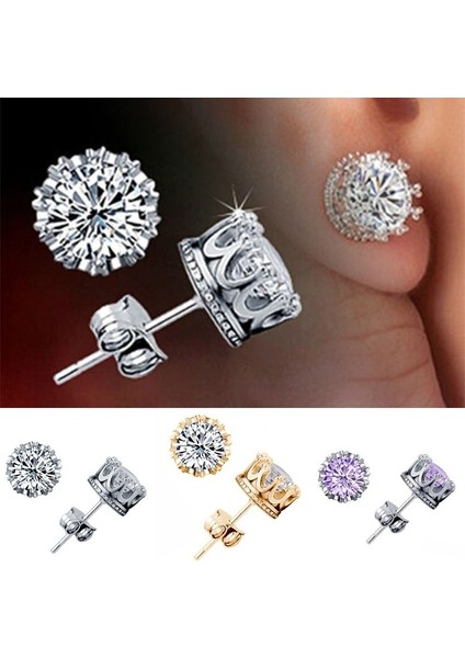 Altın Tarzı 1 Çift Kadın Moda Zarif Retro Klasik Gümüş Beyaz Mor Zirkon Taç Küpe Takı (Yurt Dışından)