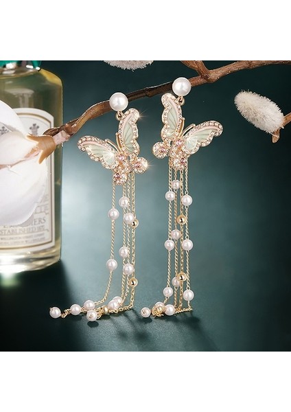 Altın Tarzı En Zarif Yay Inci Kore Versiyonu Uzun Püskül Kristal Altın Kolye Küpe Kadınlar Için Günlük Takı (Yurt Dışından) fiyatları