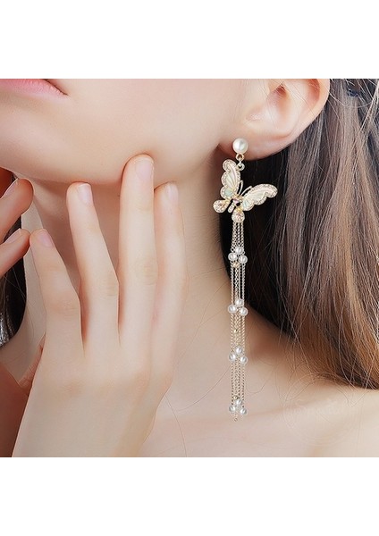 Altın Tarzı En Zarif Yay Inci Kore Versiyonu Uzun Püskül Kristal Altın Kolye Küpe Kadınlar Için Günlük Takı (Yurt Dışından) indirimleri