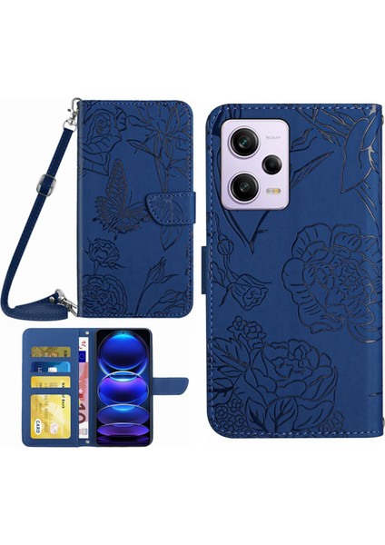 Xiaomi Redmi Için Note 12 Pro+ 5g/not 12 Explorer 5g HT03 Kelebek Çiçekler Baskılı Cüzdan Telefon Kılıfı Deri Touch Pu Deri Folyo Görüntüleme Stand Omuz Kayışı ile Manyetik Kapak-Mavi (Yurt Dışından)