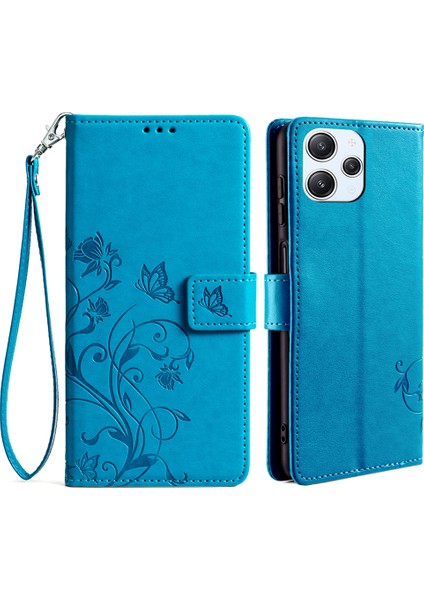 Xiaomi Redmi 12 4g Deri Kılıf Için Çiçek Kart Yuvaları Bilek Kayışı ile Telefon Kapağı-Mavi (Yurt Dışından)
