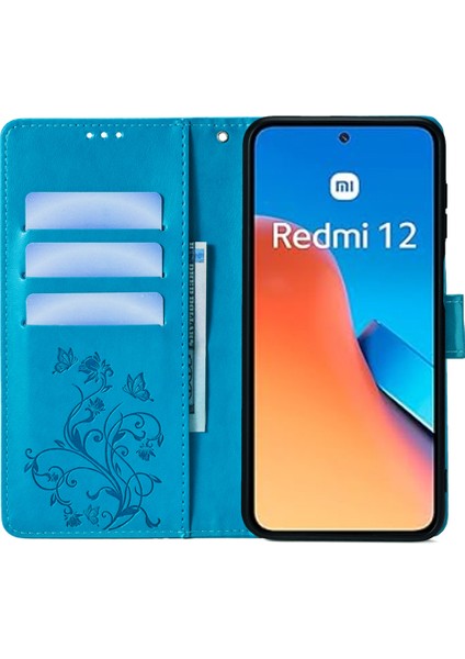 Xiaomi Redmi 12 4g Deri Kılıf Için Çiçek Kart Yuvaları Bilek Kayışı ile Telefon Kapağı-Mavi (Yurt Dışından) fiyatları