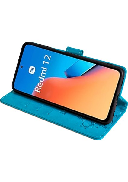 Xiaomi Redmi 12 4g Deri Kılıf Için Çiçek Kart Yuvaları Bilek Kayışı ile Telefon Kapağı-Mavi (Yurt Dışından) modelleri