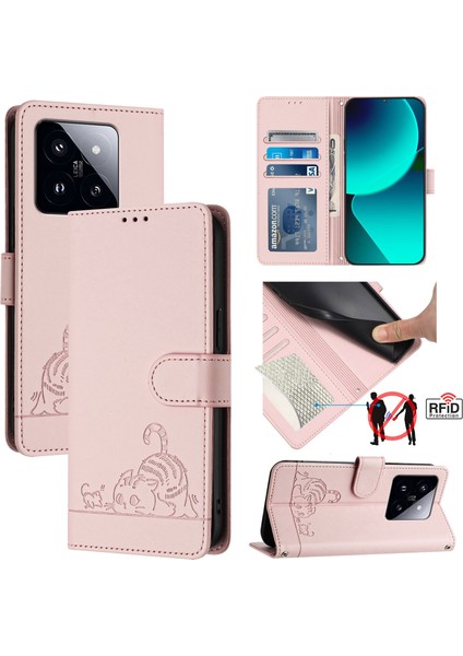Baskı Serisi Xiaomi 14 Pro Kılıf Kedi Fare Deri Telefon Kapağı Kart Yuvaları Rfıd Engelleme-Pembe (Yurt Dışından)