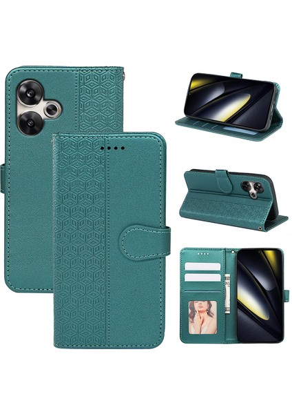 Xiaomi Poco F6 5g Kılıf Kübik Izgara Baskılı Pu Deri Telefon Kapağı-Yeşil (Yurt Dışından)
