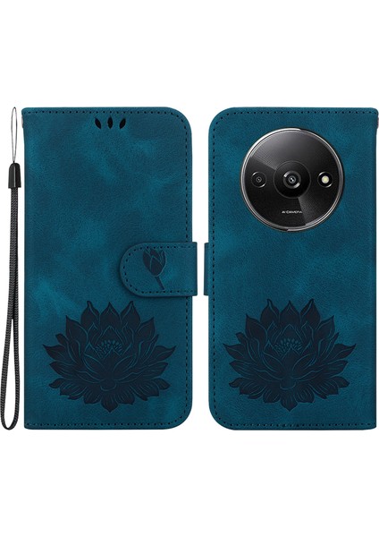 Xiaomi Redmi A3 Cüzdan Kılıf Lotus Baskı Deri Telefon Kapağı-Mavi (Yurt Dışından)
