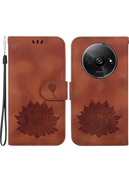 Xiaomi Redmi A3 Cüzdan Kılıf Lotus Baskı Deri Telefon Kapağı-Kahverengi (Yurt Dışından)