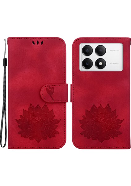 Xiaomi Poco F6 Pro 5g Cüzdan Telefon Kılıfı Lotus Baskı Deri Kapak-Kırmızı (Yurt Dışından)