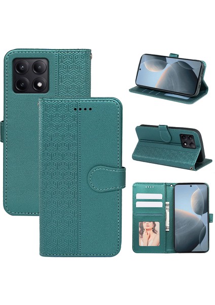 Xiaomi Poco F6 Pro 5g Kılıf Kübik Izgara Deri Cüzdan Telefon Kapağı-Yeşil (Yurt Dışından)