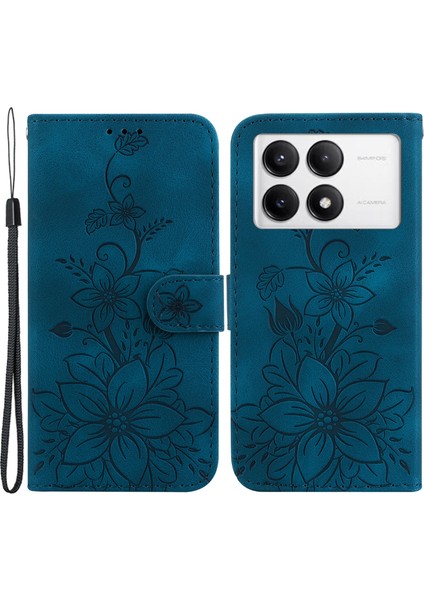 Xiaomi Poco F6 Pro 5g Kılıf Zambak Çiçeği Pu Deri Standlı Telefon Kapağı-Koyu Mavi Için (Yurt Dışından)