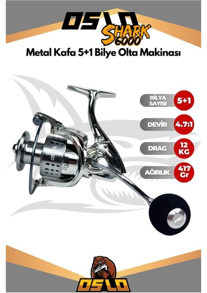 Shark 6000 Metal Kafa 5+1 Bilye Olta Makinası