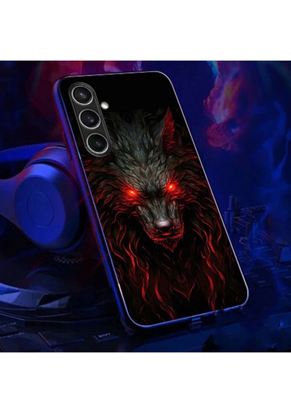 Samsung Galaxy A25 5g(Global)Case Call Flash Serisi Desen Baskı Temperli Cam+Tpu Telefon Kılıfı-Kırmızı Gözlü Kurt (Yurt Dışından)
