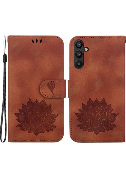 Samsung Galaxy A54 5g Kılıf Deri Flip Telefon Kapak Cüzdan Lotus Desenli-Kahverengi (Yurt Dışından)