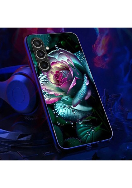 Samsung Galaxy A25 5g(Global)Case Call Flash Serisi Desen Baskı Temperli Cam+Tpu Telefon Kılıfı-Ay Kırmızı Gül (Yurt Dışından)