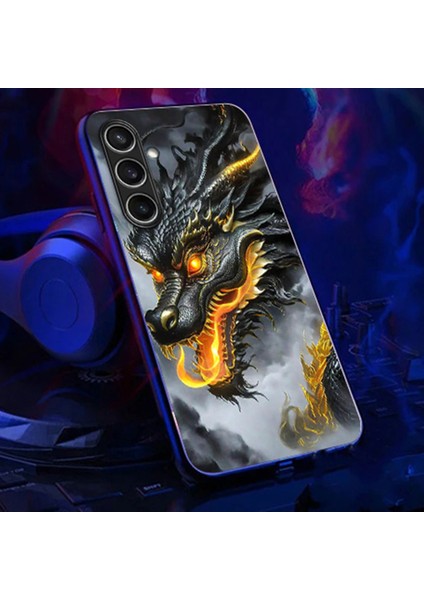 Samsung Galaxy A35 5g Kılıf Çağrı Flaş Serisi Desen Baskı Temperli Cam + Tpu Telefon Kılıfı-Siyah Ejderha (Yurt Dışından)