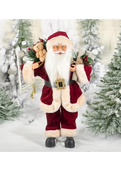 Yılbaşı Süsü Noel Baba Biblo Figür Büyük Boy 45 cm - Peluş Ayılı Hediye Çuvalı ve Aksesuarları ile