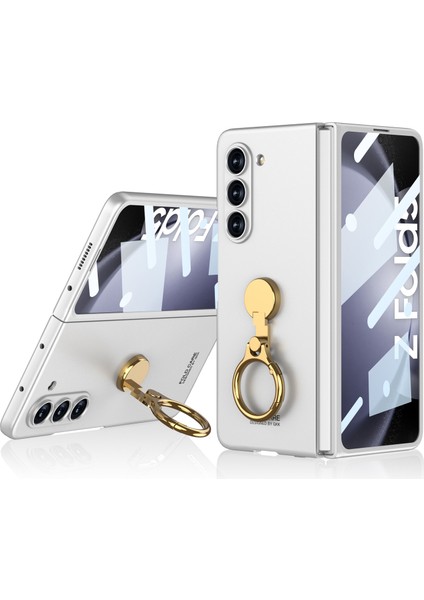 Samsung Galaxy Z Fold5 5g Menteşe Tasarımı Için Kickstand Pc Kılıfı Temperli Cam Film Silver ile Ultra Ince Kapak (Yurt Dışından)