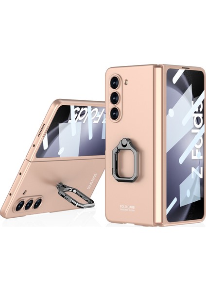Samsung Galaxy Z Fold5 5g Metal Yüzük Kickstand Telefon Kapağı Temperli Cam Film-Rose Altın (Yurt Dışından)