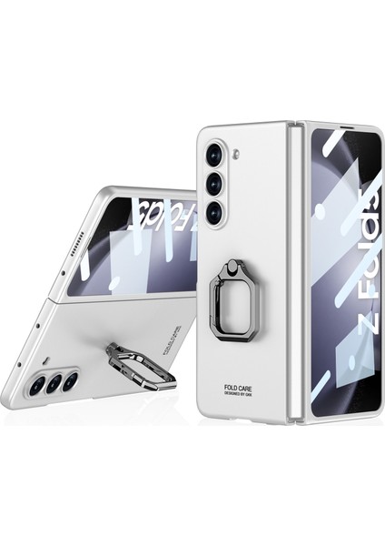 Samsung Galaxy Z Fold5 5g Metal Yüzük Kickstand Telefon Kapağı Temperli Cam Film-Silver (Yurt Dışından)