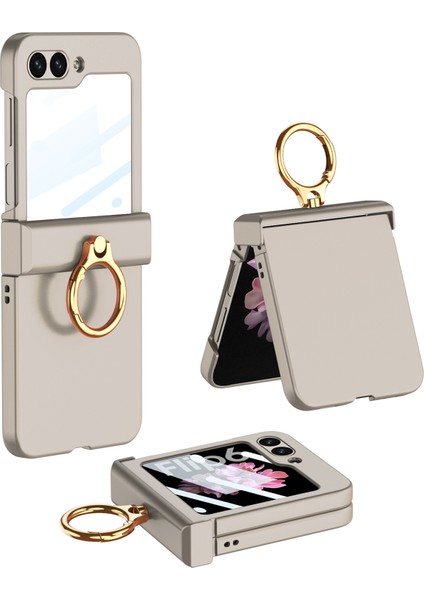 Samsung Galaxy Z Flip6 5g Ince Telefon Kılıfı Pc Kapağı Halkalı Tutucu + Temperli Cam Filmi-Titanyum Gri (Yurt Dışından)