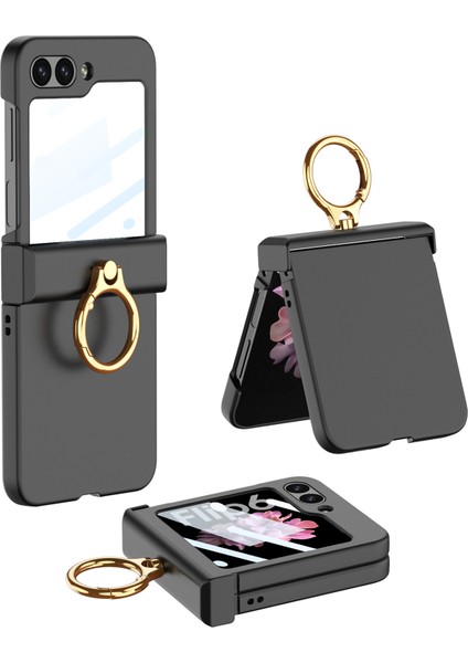 Samsung Galaxy Z Flip6 5g Ince Telefon Kılıfı Pc Kapağı Halka Tutucu + Temperli Cam Filmi-Siyah (Yurt Dışından)