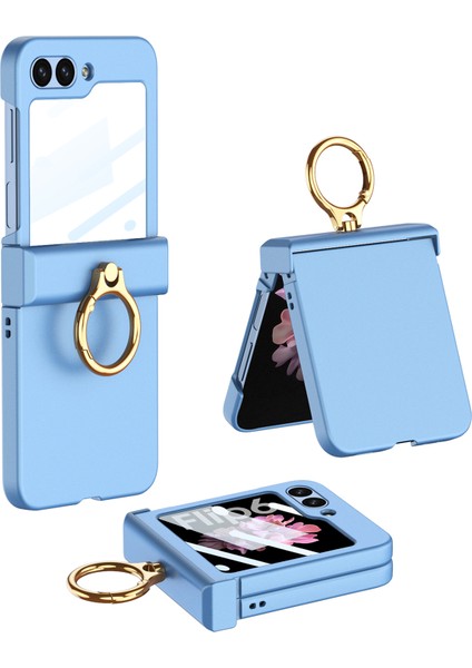 Samsung Galaxy Z Flip6 5g Ince Telefon Kılıfı Pc Kapağı, Halkalı Tutucu + Temperli Cam Filmi-Mavi (Yurt Dışından)