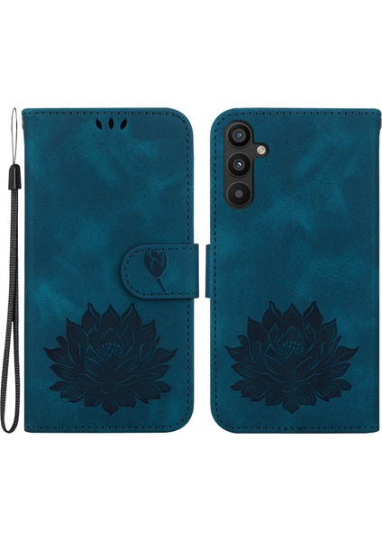 Samsung Galaxy A14 4g/5g Kılıf Lotus Desenli Cüzdan Stil Deri Telefon Kılıfı-Mavi (Yurt Dışından)