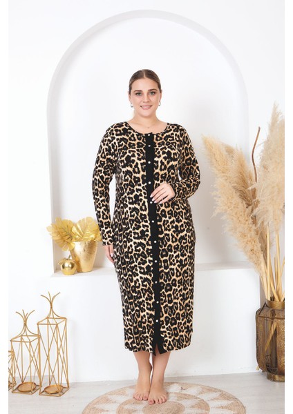 Leopar Desen Battal Beden Elbise Boydan Düğmeli