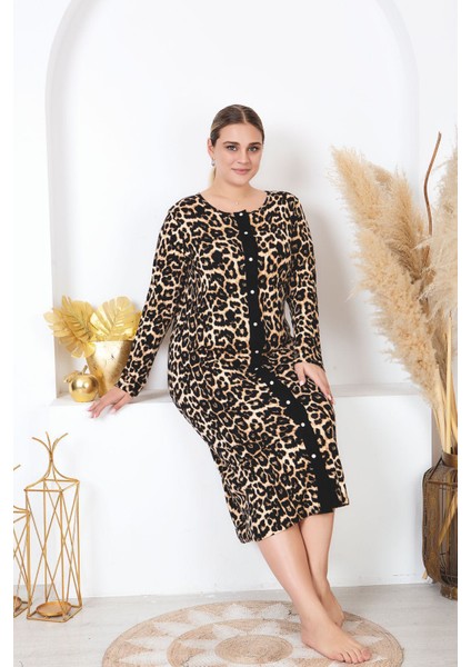 Leopar Desen Battal Beden Elbise Boydan Düğmeli fiyatları