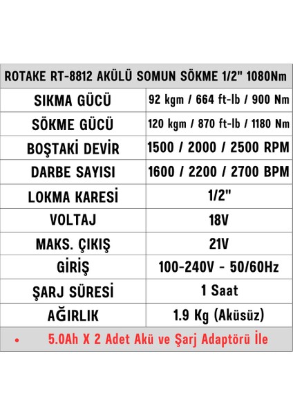 RT-8812 Akülü Somun Sökme 1/2'' 1080NM