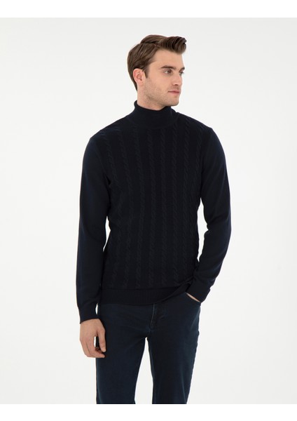 Erkek Lacivert Slim Fit Balıkçı Yaka Triko Kazak 50300500-VR033