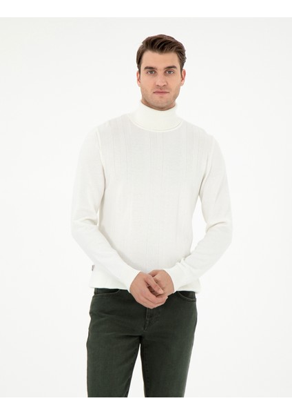 Erkek Ekru Slim Fit Balıkçı Yaka Yün Karışımlı Triko Kazak 50296445-VR019