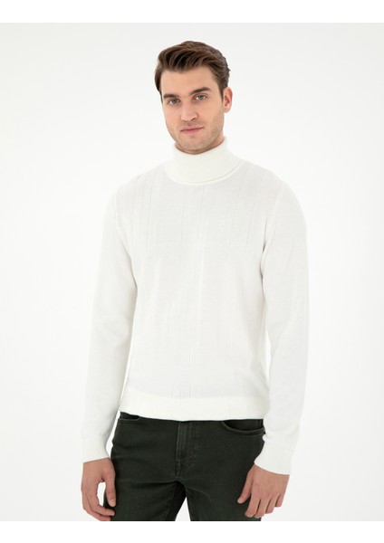 Erkek Ekru Slim Fit Balıkçı Yaka Yün Karışımlı Triko Kazak 50296445-VR019