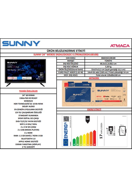 SN24LEDl262-S 24'' 60 Ekran Uydu Alıcılı HD Ready webOS Smart LED TV