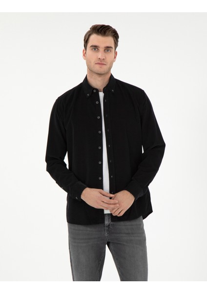 Erkek Siyah Regular Fit Uzun Kollu Gömlek 50292347-VR046