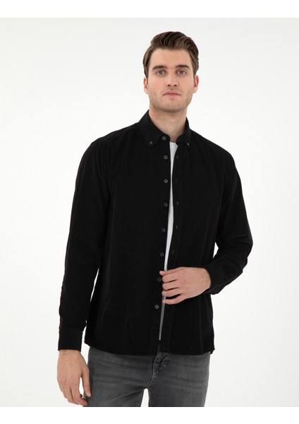 Erkek Siyah Regular Fit Uzun Kollu Gömlek 50292347-VR046