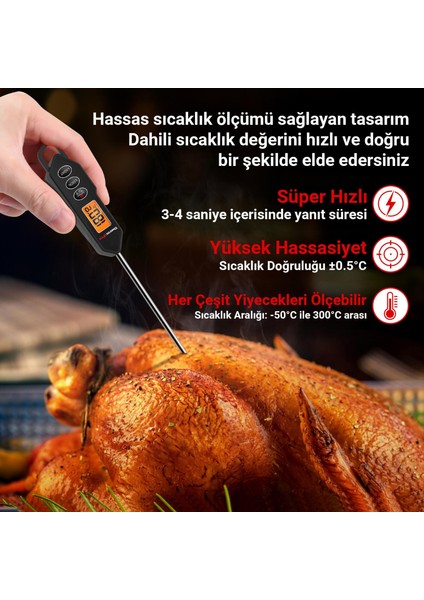 TP01HW LED Ekran Daldırma/saplama Gıda Pişirme Termometresi-Siyah