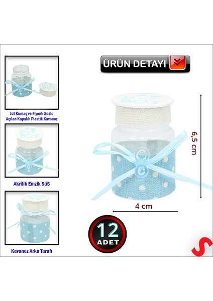 Emzikli Plastik Kavanoz, 6,5cm x 4cm x 12 Adet - Mavi