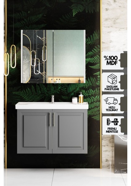 Arin Banyo Dolabı Takımı 80 Cm Mdf Lavabolu Antrasit, Lavabo Dahil