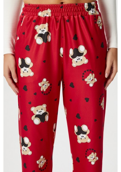Kadın Teddi Ultra Yumuşak Cepli Kırmızı Ayıcık Desen Yılbaşı Pijama Altı