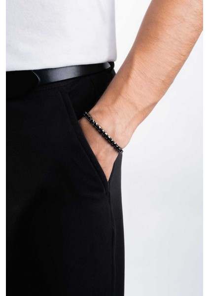 Siyah Taşlı Siyah Rodyum Kaplama Gümüş Unisex Su Yolu Bileklik modelleri
