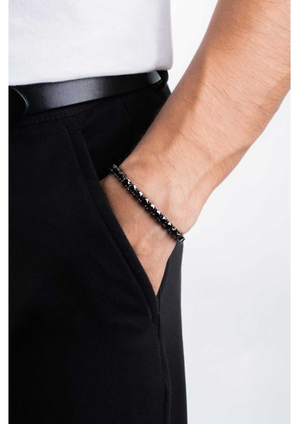 Siyah Taşlı Siyah Rodyum Kaplama Gümüş Unisex Su Yolu Bileklik fırsatları